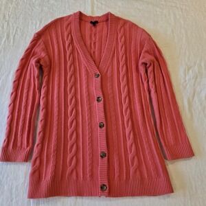Talbots Womens Coral Pink Cable Knit‎ Button Front Cardigan Sweater Size L Wool